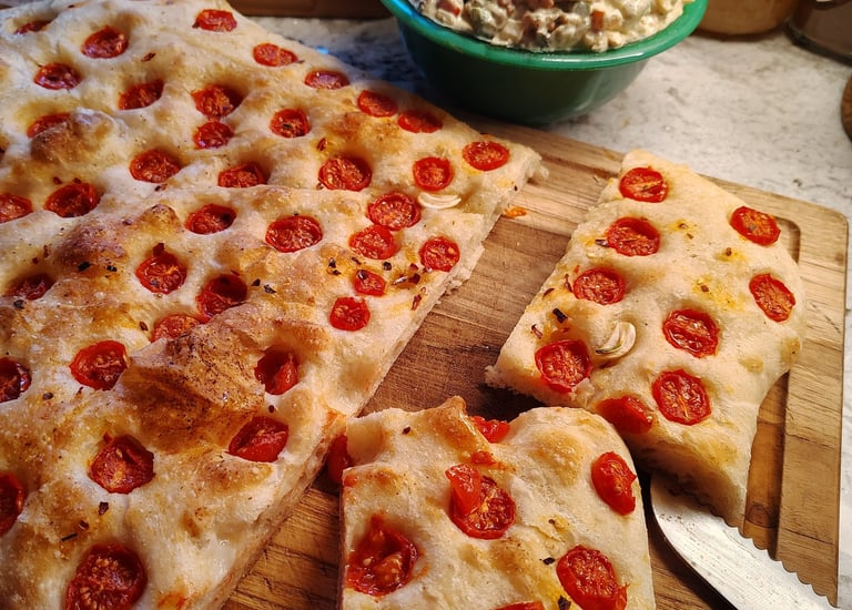 Tomato Focaccia, Chicken salad, Sharp Knife