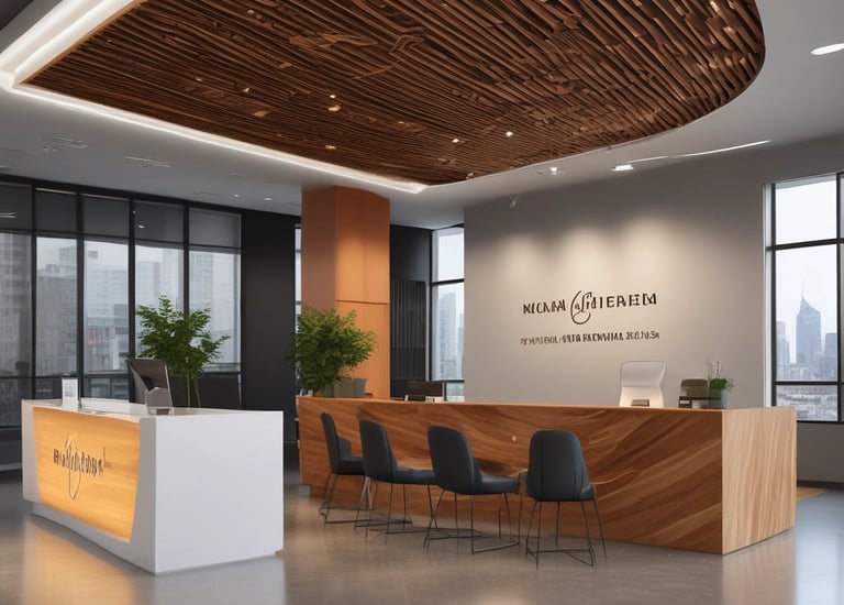 A modern office reception area with a polished floor and stylish wooden ceiling. The space features large windows offering a city view, contemporary seating arrangements, two reception desks with minimalist design, and a prominent logo on an illuminated wall. There are also decorative elements such as potted plants and ambient lighting.