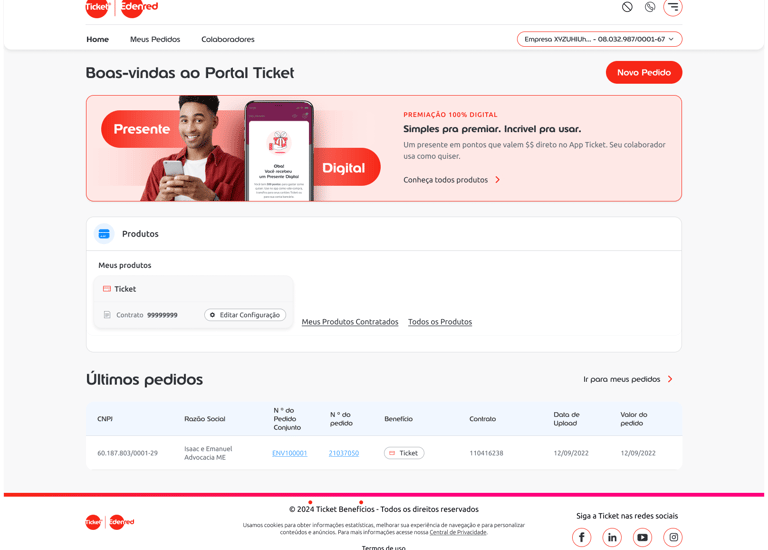 Página inicial do Novo Portal Ticket
