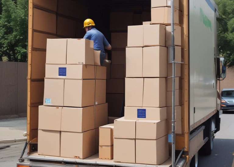 A row of metal shipping containers is converted into storage units with closed roll-up doors. The containers are placed on a gravel path with a small strip of pavement. In the background, there are trees and a partially visible car.