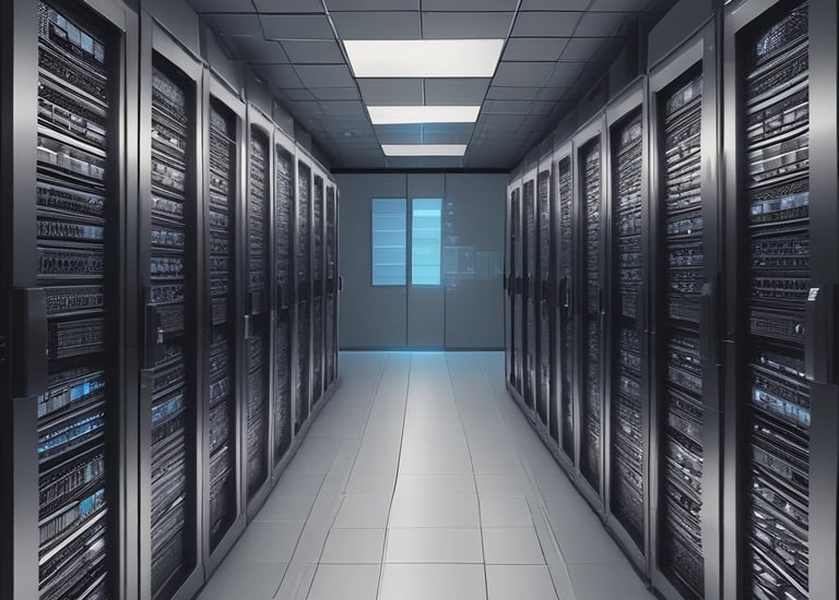 A person wearing a Guy Fawkes mask is positioned near a server rack filled with blue and green cables and illuminated lights. The individual is dressed in a dark-colored suit and is close to the camera.