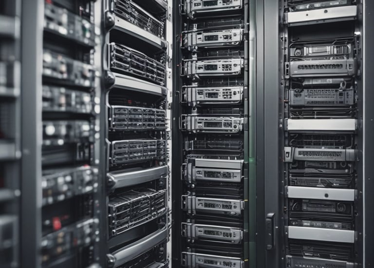A white mask with distinct black features is placed on an open server tray in a data center or server room. The server is equipped with various LED indicators and network ports, suggesting an active setup.