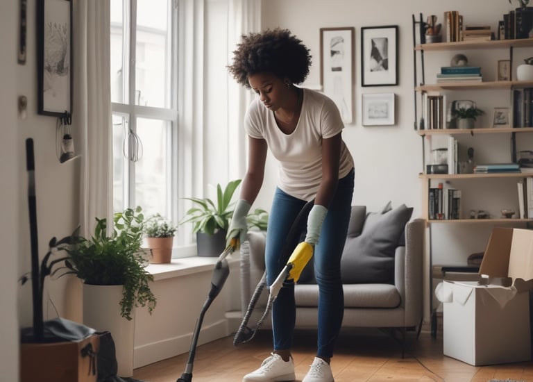 A large piece of beige fabric is spread over a table in a workshop filled with various tools and equipment. The table appears to be used for upholstery work, and the background shows shelves stocked with containers and a variety of mechanical or electronic items.