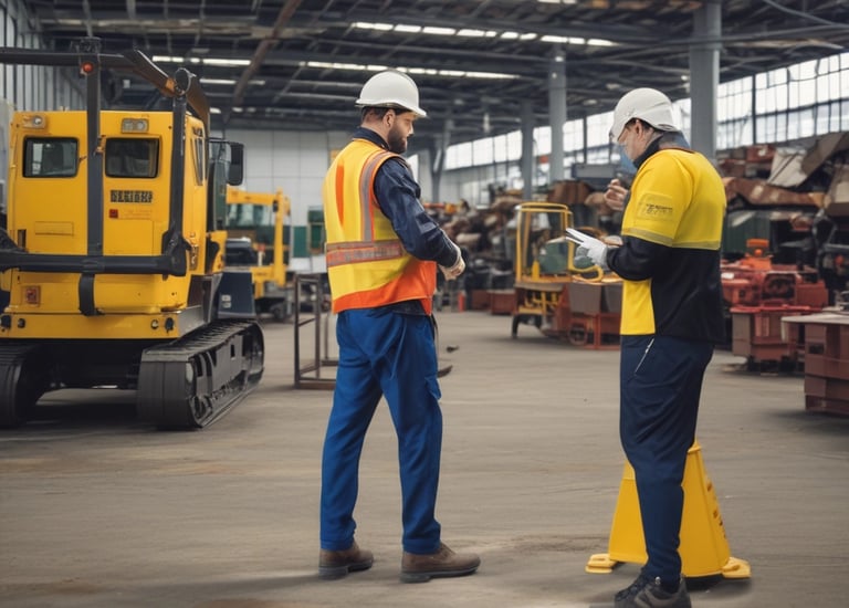 A prominently displayed safety instruction sign at a secure area entry point. It lists various rules including: port safety induction required, flashing beacon and headlights on, children not permitted, speed limit of 20km/h, no public entry, extreme caution with heavy machinery, no handheld devices, drug and alcohol-free site, specific clothing and footwear requirements, and no bicycles. Additionally, it warns of hazardous substances present, such as oxidizing and flammable agents, toxic and corrosive materials, with emergency contact information provided.