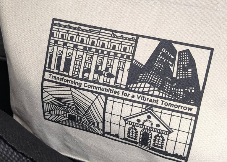 a tote bag with a picture of a cityscape
