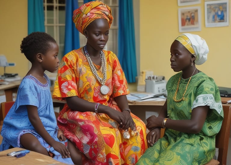 Two women are engaged in conversation in a medical setting, one wearing a white coat, suggesting she is a healthcare professional. The environment contains medical equipment, possibly indicating a check-up or consultation is taking place.
