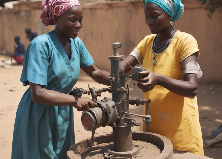 A room filled with several people, with a focus on a woman and child seated on blue chairs. The woman, wearing a red outfit, watches as the child receives a check-up from a person with long hair, possibly a healthcare worker, who holds medical equipment. In the background, more individuals, some with medical masks, are engaged in activities, likely related to health services. Posters and a blue banner adorn the walls, and sunlight streams through barred windows.