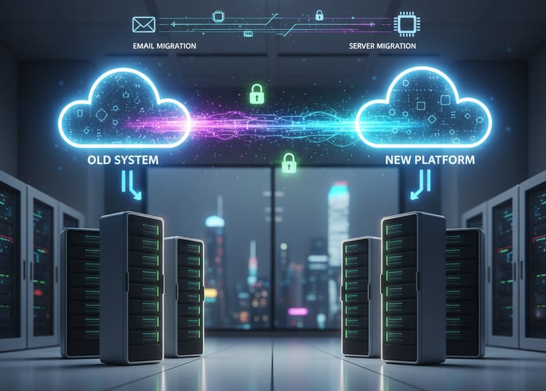 Secure digital migration of data and systems between cloud platforms, representing seamless IT migra