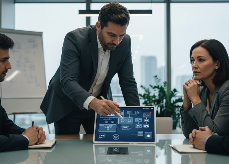 IT consultant providing expert strategic advice during a client meeting in a modern office setting.