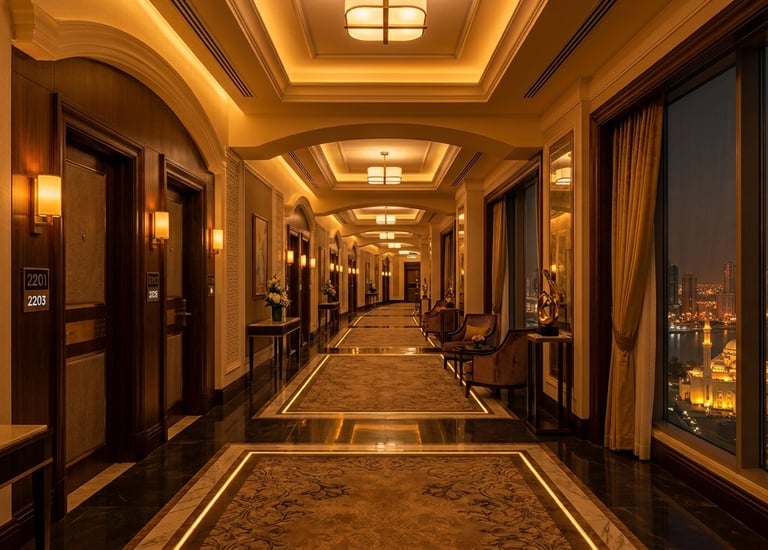 Luxury hotel hallway with warm lighting and a night view of a city mosque and skyline through large windows.