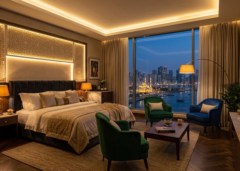 Luxury hotel suite with an Arabic lattice headboard and a scenic city view of Sharjah at dusk.