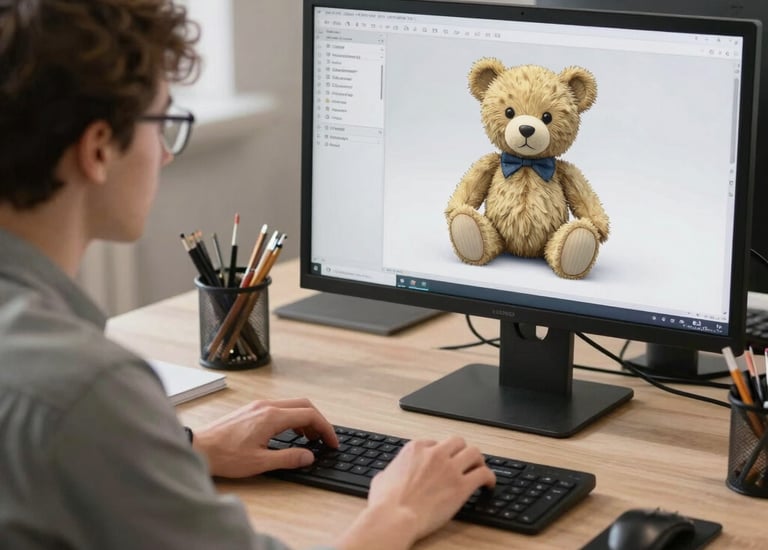 A collaborative meeting between a client and design team reviewing plush toy prototypes on a laptop screen.