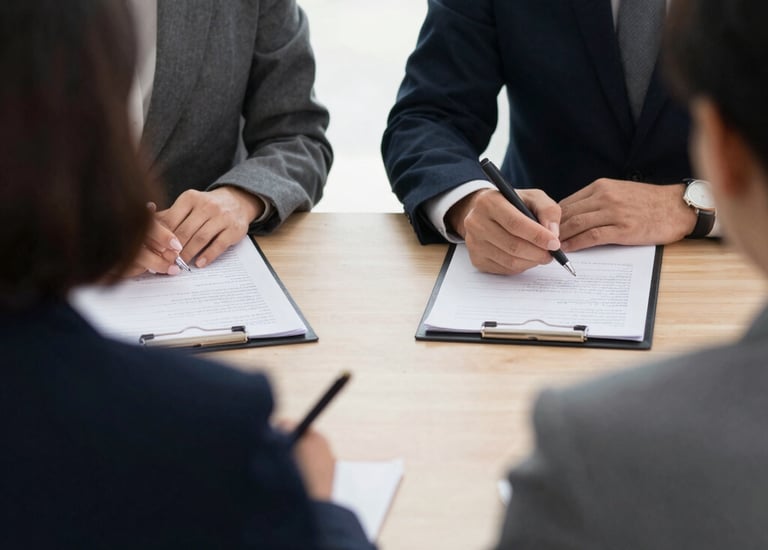 Business professionals in a meeting with a laptop and gavel during a corporate legal presentation.