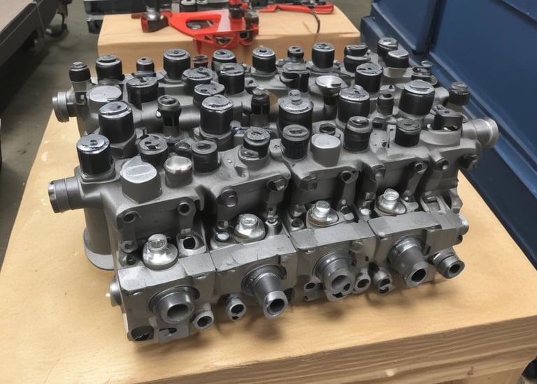 A complex network of blue hydraulic tubes connected to a metal machinery component, with a visible orange filter bearing text in the background. The surface exhibits signs of wear and dirt, indicating usage and exposure to industrial conditions.