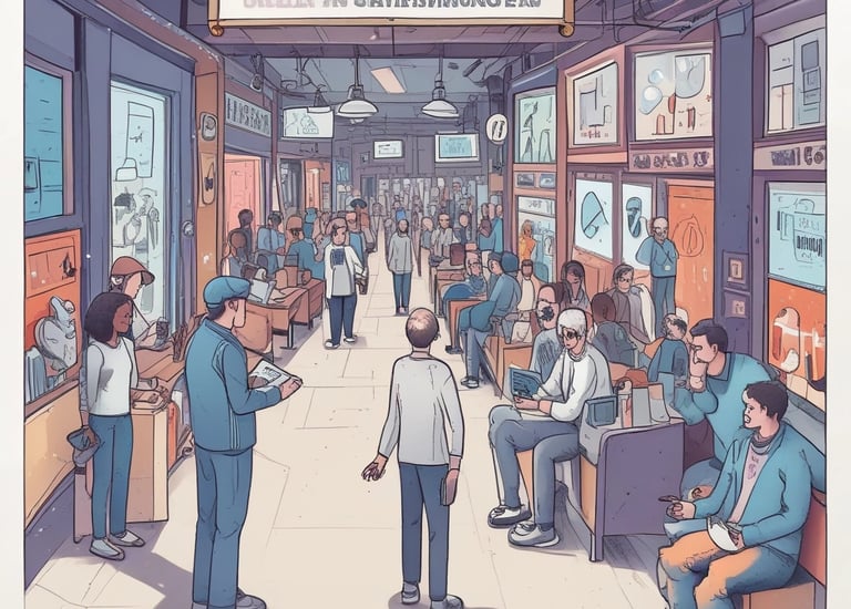 A small, white humanoid robot with blue accents, including eyes, mouth, and a circular badge with the letters 'AI' on its chest, is positioned in front of a blue laptop on a metallic surface. The robot has a simple, smooth design with two cylindrical arms and a small antenna on top.