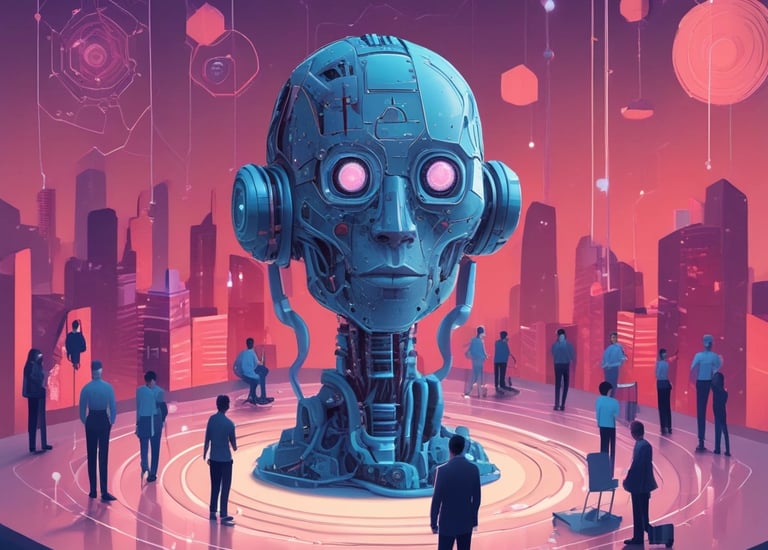 A bustling indoor event featuring a large group of people gathered in a modern, multi-level atrium with glass railings. The crowd is distributed across different levels of the venue, some sitting on steps and others standing. Colorful banners with words like Integrity, Collaboration, and Excellence hang from the upper floor.