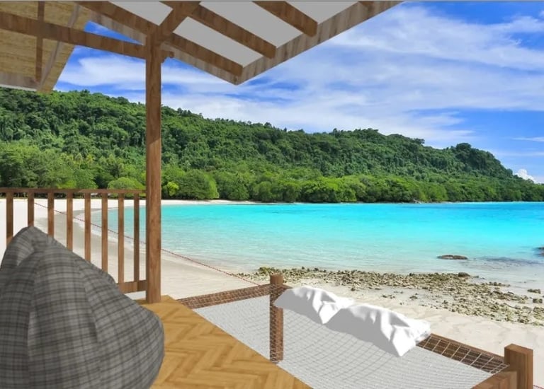a hammock chair and bengalow made by Dharmajaya Furniture with a view of the ocean