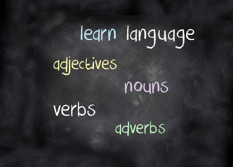 Black board with the English parts of speech grammar