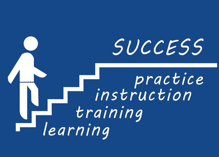 a figure climbing up stairs to success, with each step signifying something important
