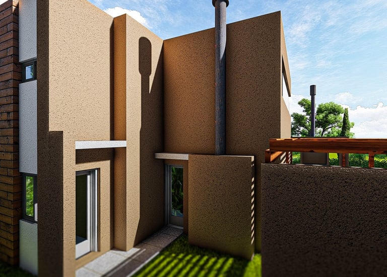 Detalle de proyecto arquitectónico con muros texturados y patio interior