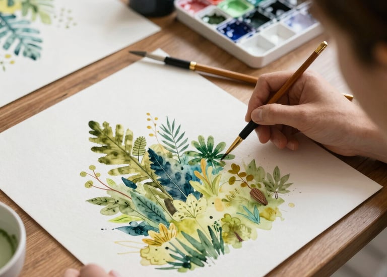 Brightly lit art studio table with colorful paints and brushes scattered around.