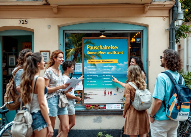 Eine Gruppe von Menschen steht vor einem Schaufenster und sieht sich ein Plakat zu Pauschalreisen an