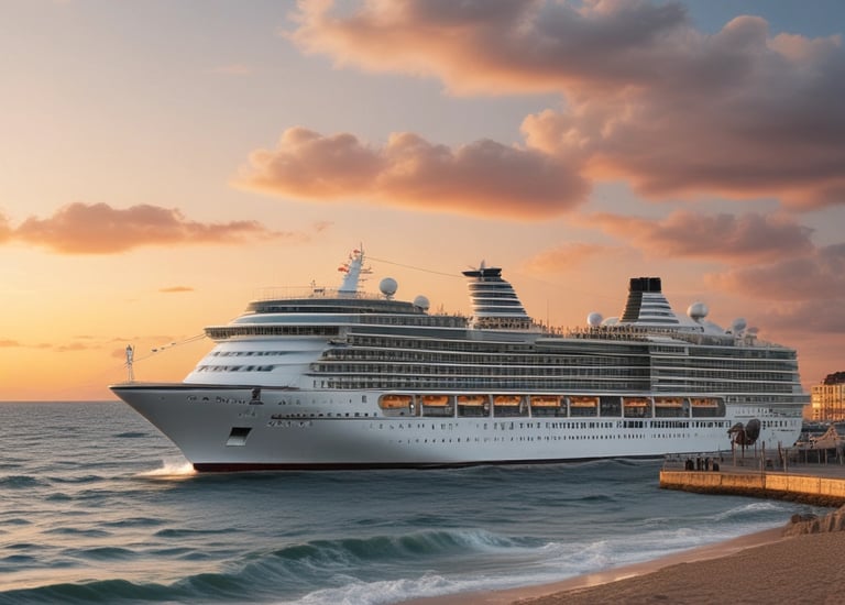 ein Kreuzfahrtschiff im Meer bei Sonnenuntergang