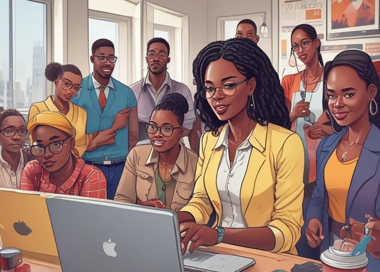 A group of five individuals are in a conference room engaging in a meeting. Four people are seated at a table with laptops and notebooks in front of them, while one person is standing and pointing at a projection on the wall displaying various company logos.