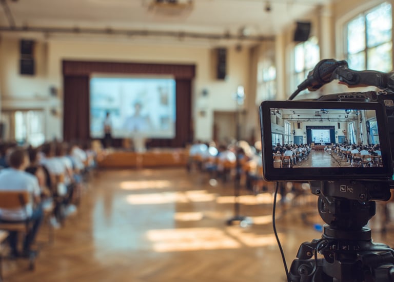 Camera pointed towards school assembly and streaming it