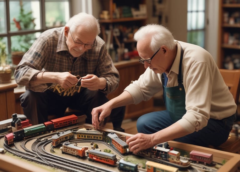 a man and woman are playing with a train set