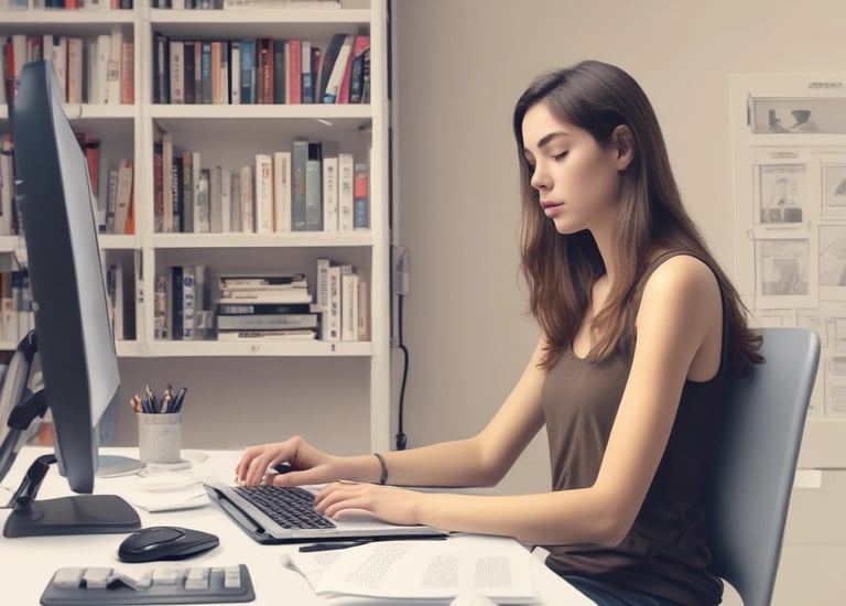 A professional woman studying English on a laptop at home.