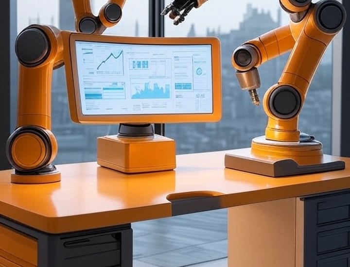 a desk with a monitor and a monitor screen