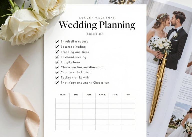 Close-up of a luxurious wedding budget planner with champagne accents.