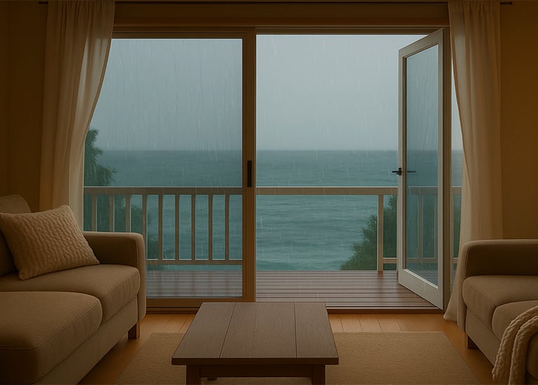 Aesthetic living room. Rain and ocean sounds for a calm ambience. 