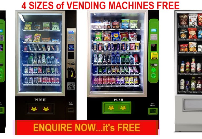 4 sizes of vending machines FREE, Enquire Now..its FREE, call to action button