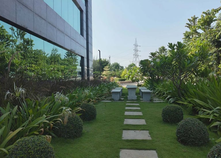 Campus landscape designed with sustainable plantings and gathering spaces by Garden Designers