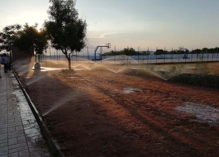 Automated irrigation system watering a modern landscape by Garden Designers