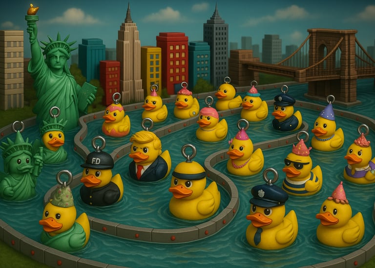 a bunch of rubber ducks in a city park