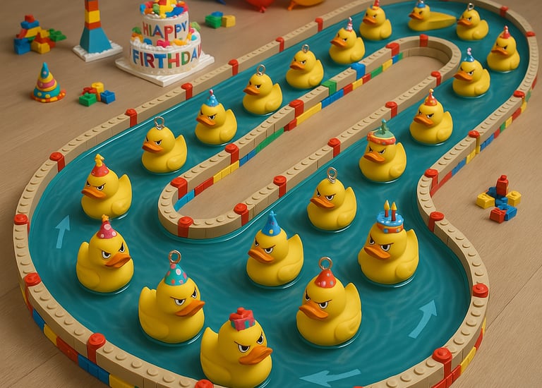 a birthday cake with rubber ducklings in a toy - like shape