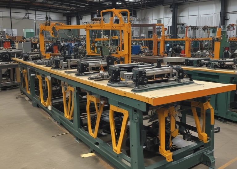 A modern industrial setting featuring an automated assembly line machine enclosed in glass. The room is well-lit with a sleek design, including wooden accents and clean surfaces. There is a focus on the machinery, with components visible inside the enclosure.