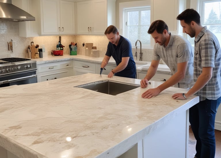 A modern kitchen with beige cabinets, a white marble countertop, and brass fixtures. There are two wooden stools at the counter, a bowl of apples, and various green vegetables and herbs placed near the sink. Two large glass pendant lights hang from the ceiling.