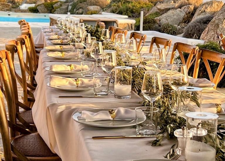 a long table with a long table set for a dinner