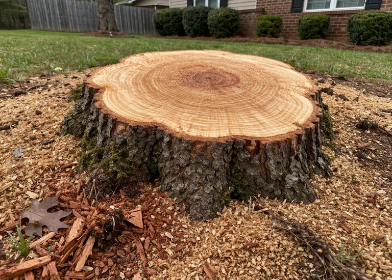 Red oak stump after tree removal in Savannah, TN with fresh cut surface, visible tree rings, and saw
