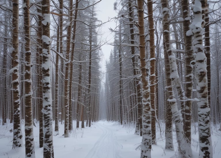 A narrow snow-covered trail winds through a dense forest with trees coated in thick winter frost.
