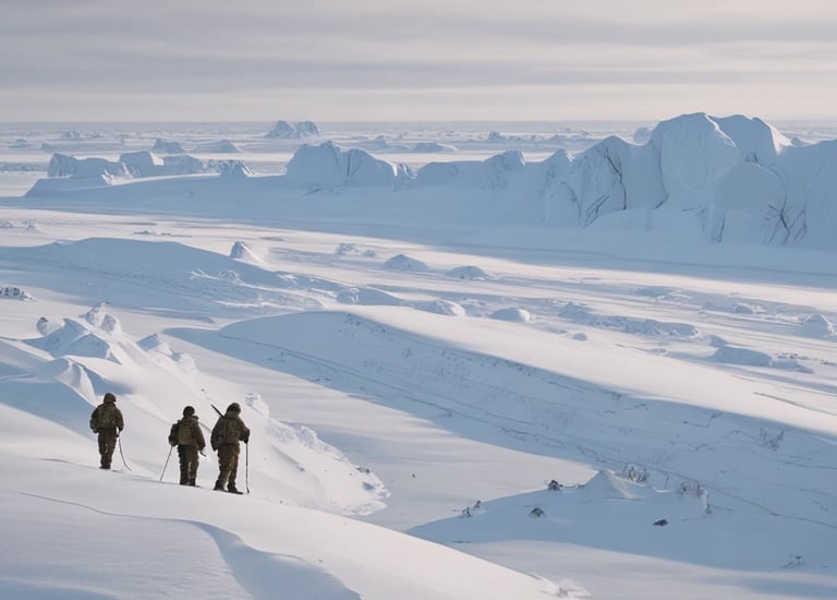 Military soldiers on an arctic expedition trekking through a snowy landscape with icebergs.