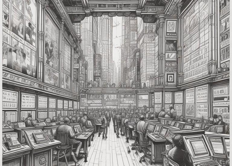 Elegant office setting with financial documents and a stylized oak tree emblem on the wall.