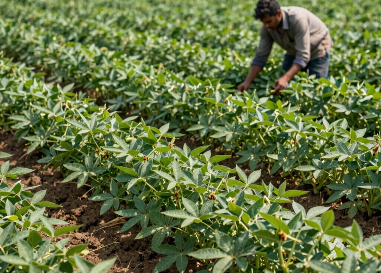 Farmers inspecting a field of lush mustard plants ready for harvest.