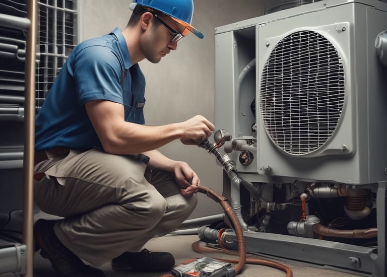 Technician repairing an air conditioner unit in a bright living room.