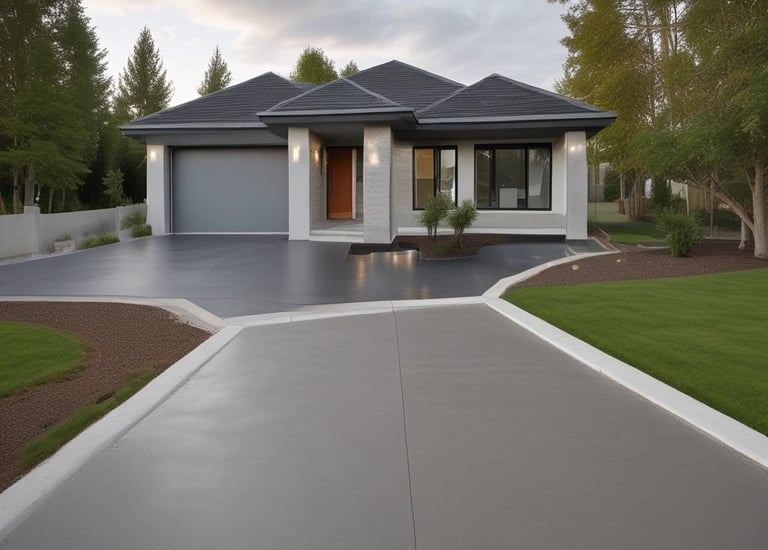 Steps made of solid concrete leading up to a residential front door, framed by brown mulch.