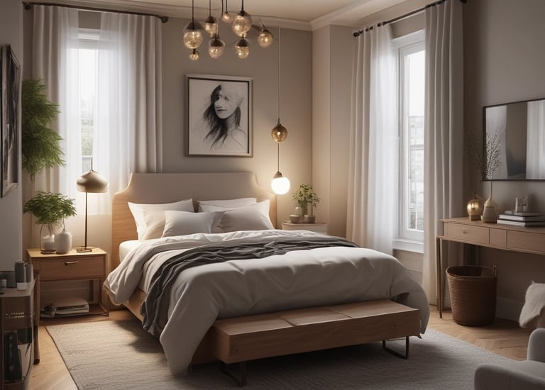 A tranquil bedroom with minimalist furniture and calming neutral colors.